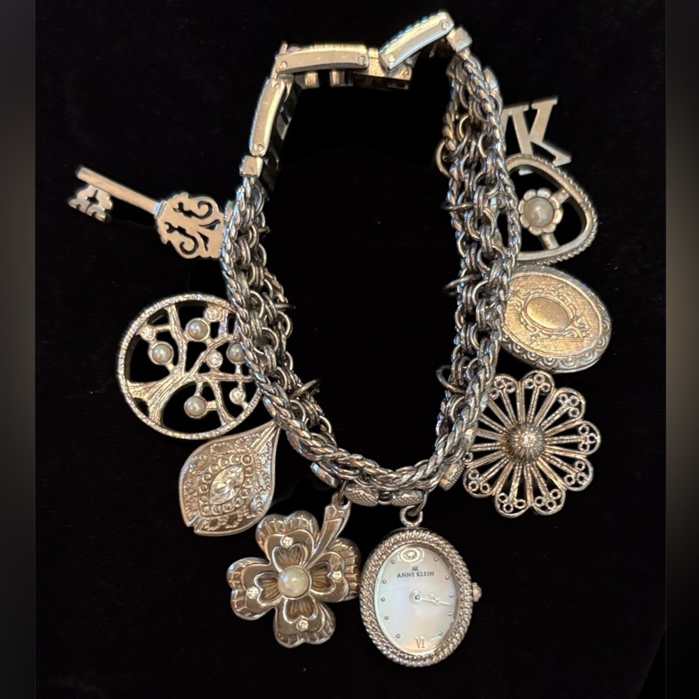 Silver Watch Charm Bracelet with Locket Key and Floral Accents